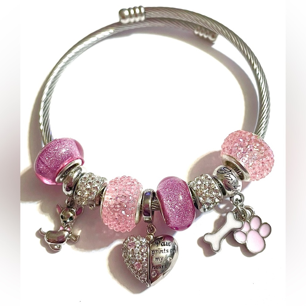Pink & Silver Bead Dog Mom Charm Bracelet